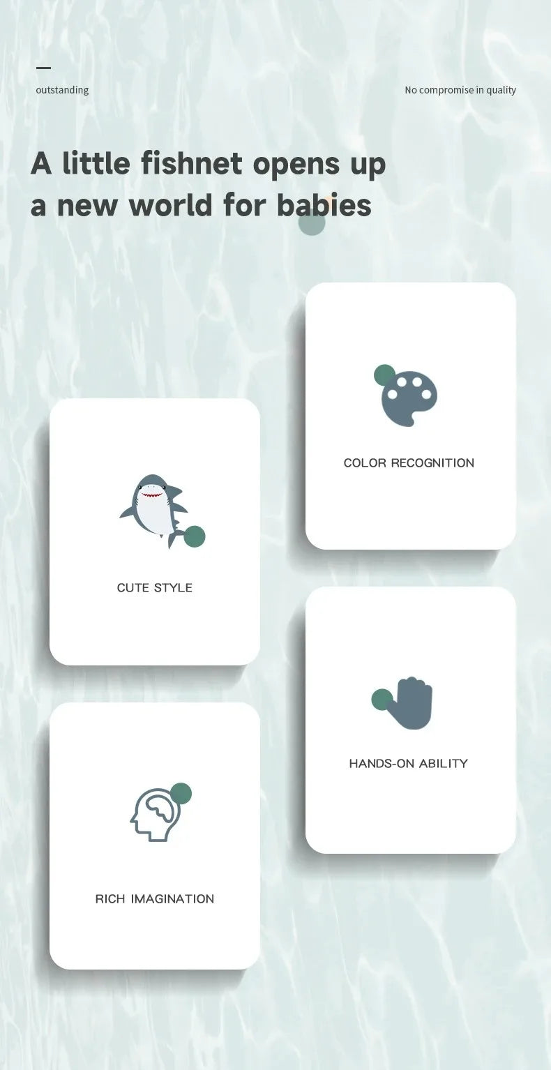 A set of floating bath toys featuring a little fishnet that opens up a new world for babies, highlighting color recognition, 