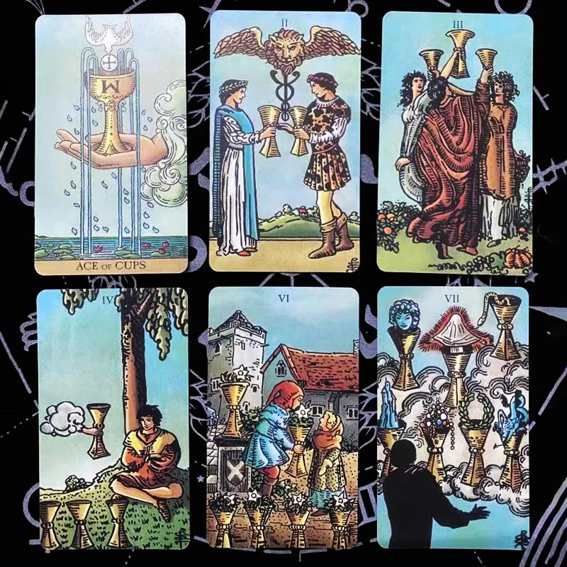 A collection of tarot cards featuring various illustrations and symbols.