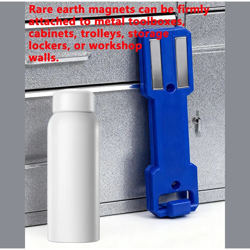 A blue magnetic wall-mounted organizer for storing rare earth magnets, attached to a metal cabinet.
