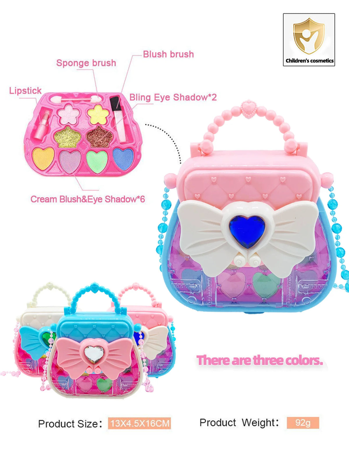 A pink and blue princess makeup toy set featuring a cosmetic pouch with various brushes, eyeshadows, and blush products.