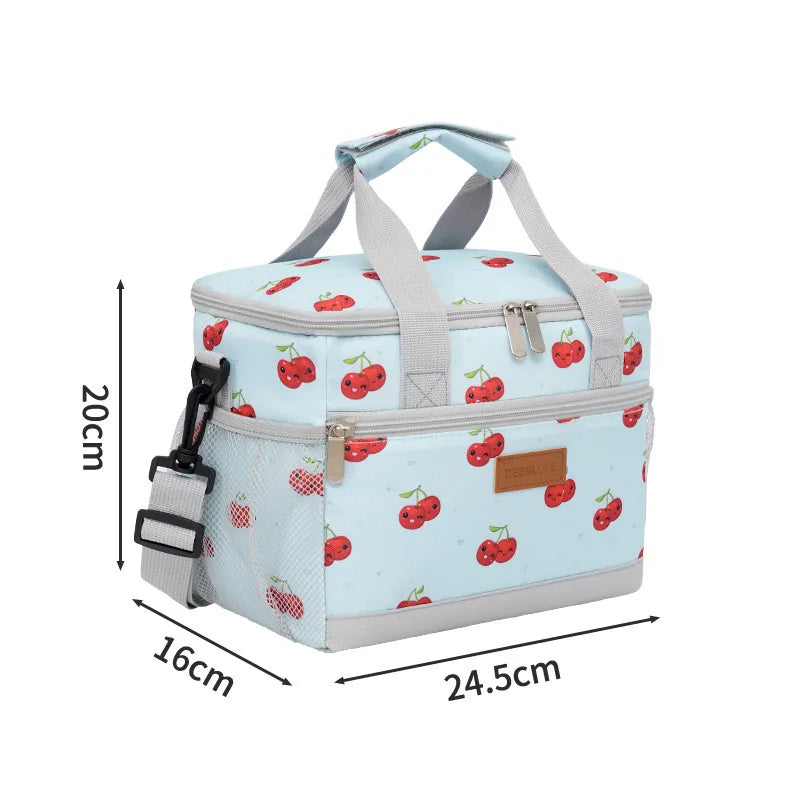 Light blue insulated lunch bag with a checkered pattern and red apple graphics, featuring padded handles.