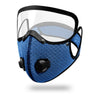 A blue reusable cycling face mask with a clear shield and black elastic straps.