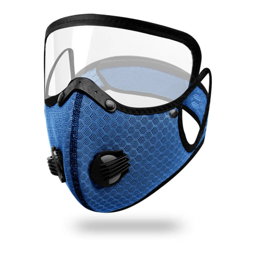 A blue reusable cycling face mask with a clear shield and black elastic straps.