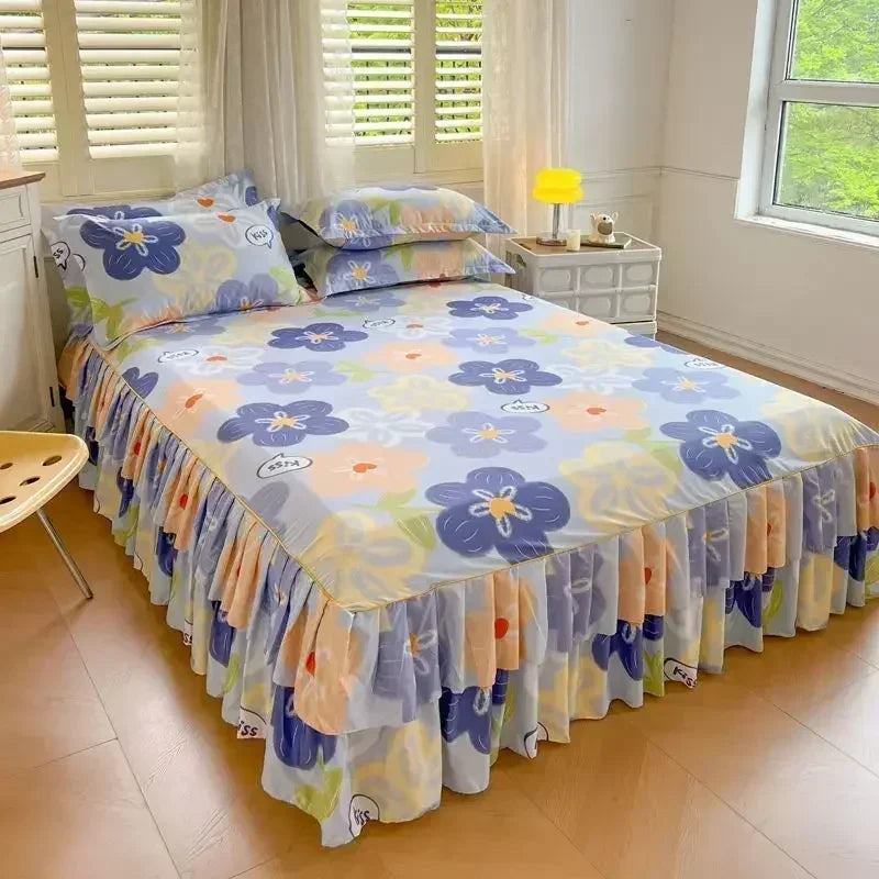 Floral Bed Skirt Set with Anti-Slip Mattress Cover