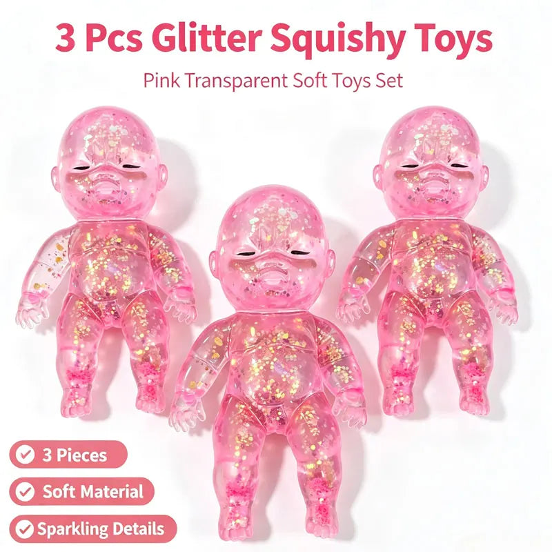 A set of three pink transparent glitter squishy toys for stress relief and fidgeting