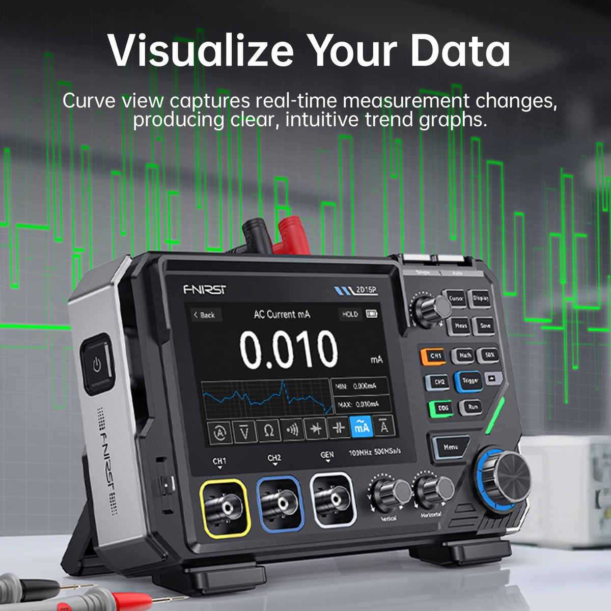 A black FNIRST 2D15P oscilloscope and multimeter device displaying a real-time measurement graph.