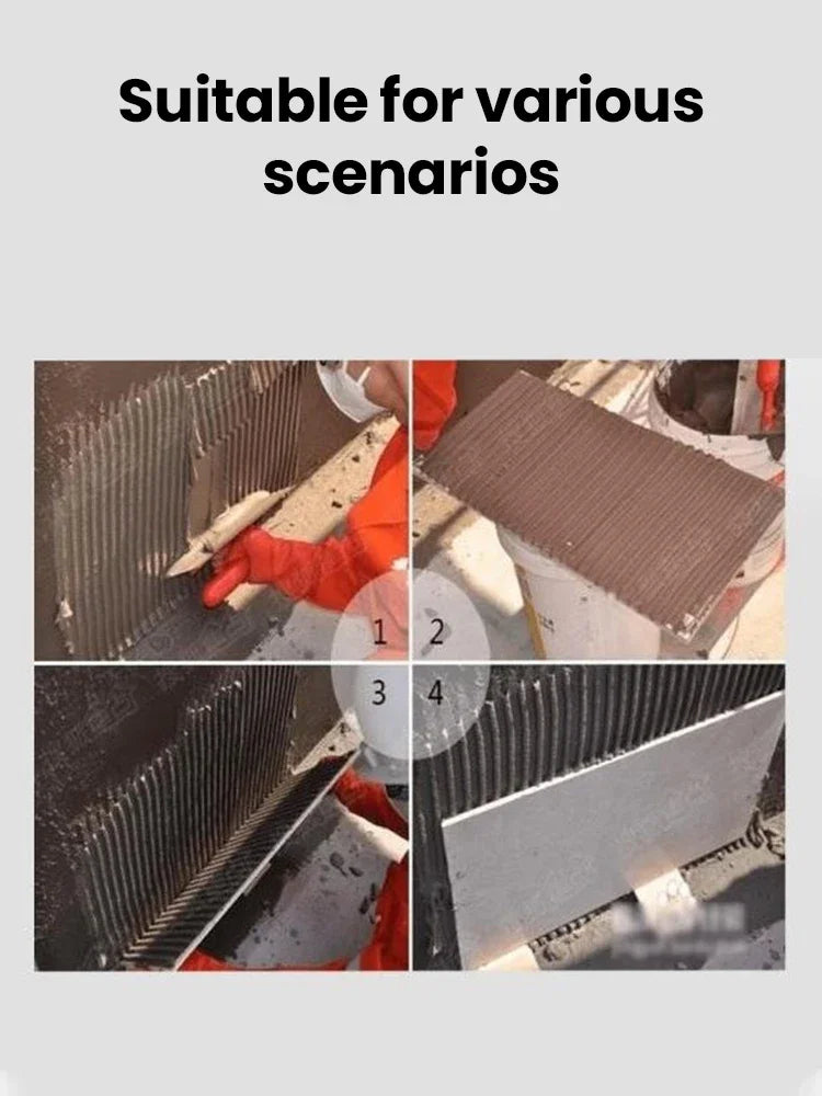 Close-up images showing an adjustable notched trowel being used for adhesive application on various surfaces.