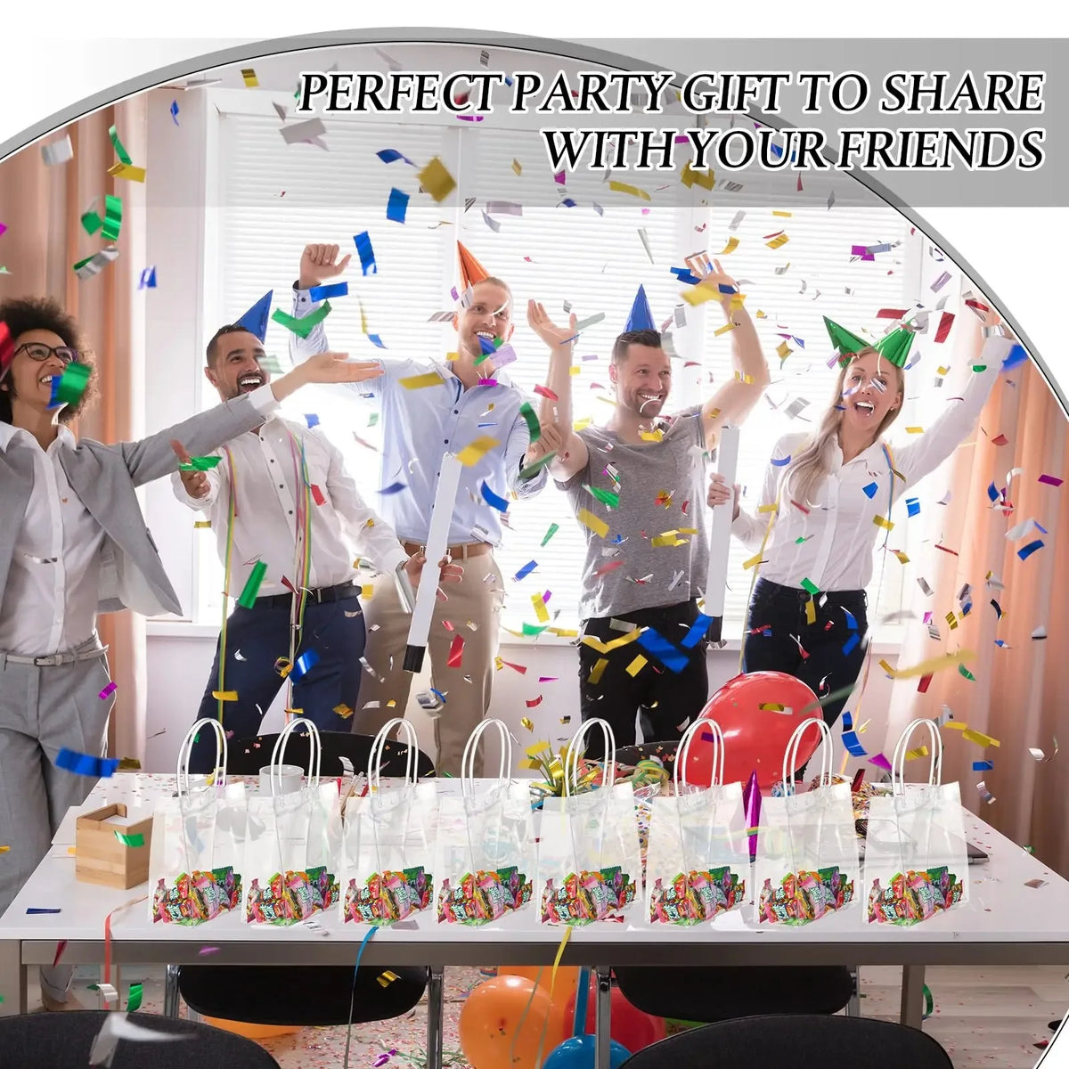 Group of friends sharing party gift transparent PVC tote bags with hand loops