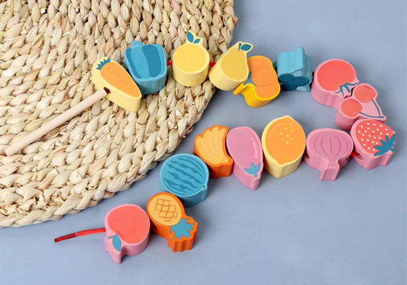 Wooden Lacing Beads Set for Kids with Animal, Fruit, Letter & Number Shapes