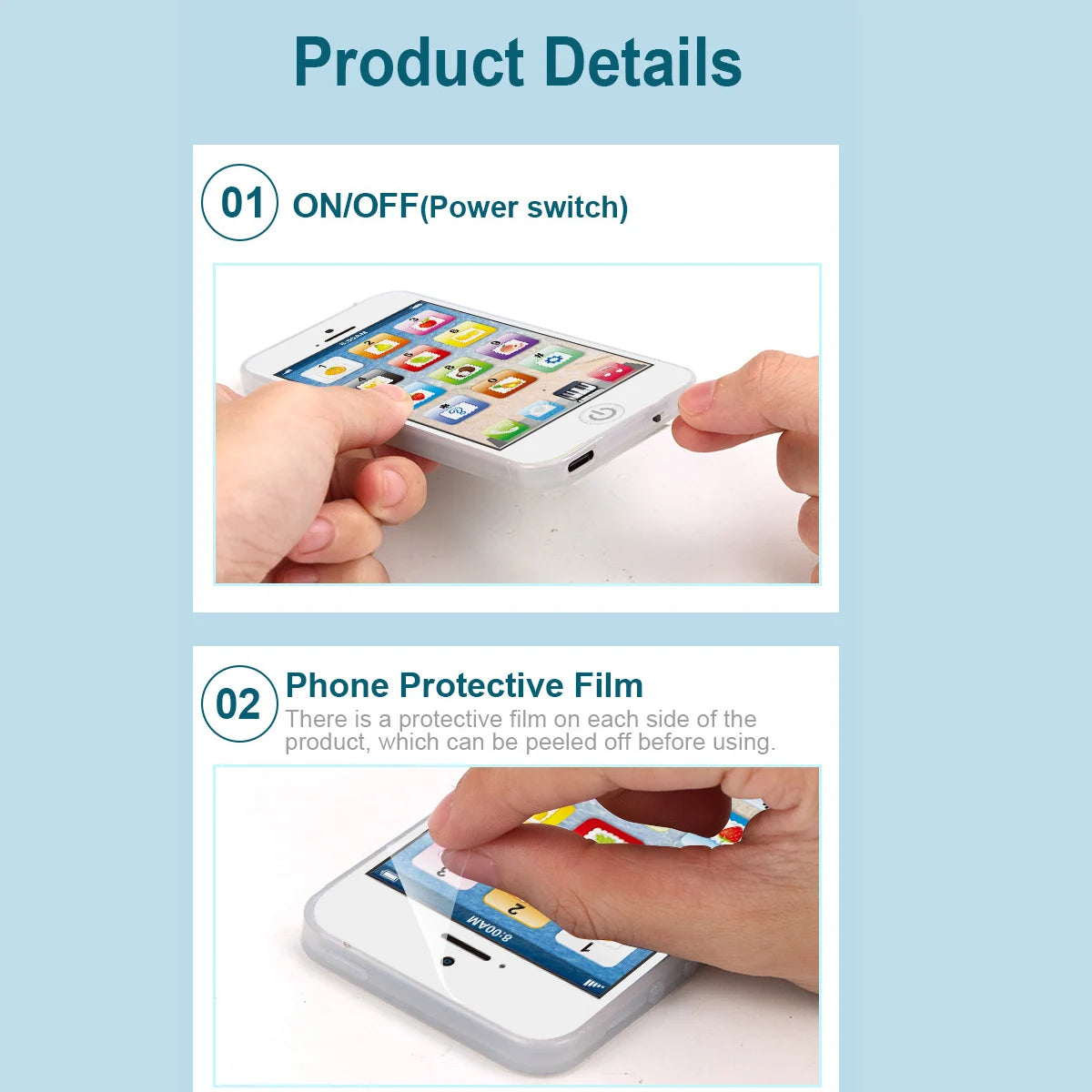 Instructions showing how to turn on the power switch and apply a protective film to an interactive learning play phone for ki