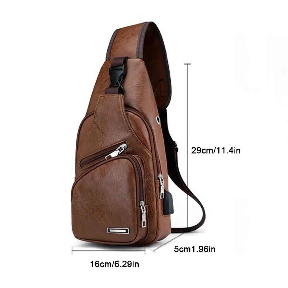 A brown men's crossbody sling bag made of water-resistant nylon with a USB port.