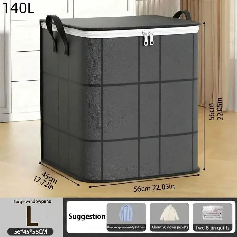 A dark gray foldable storage organizer bag with a lid and buckles, shown standing upright.