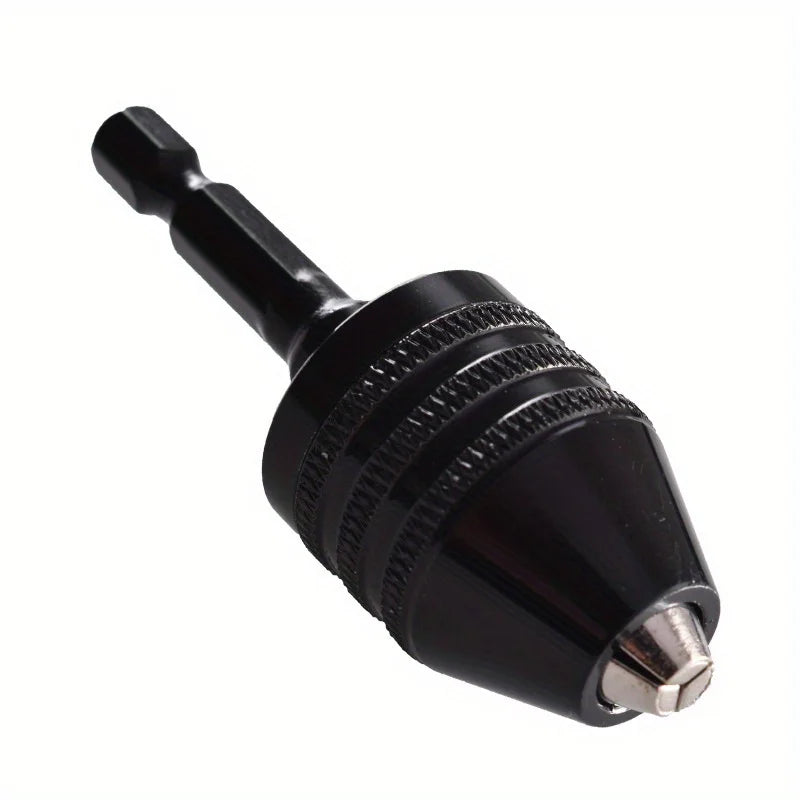Black quick-change hex shank drill chuck with a round handle