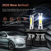 A pair of ultra-bright 6500K LED headlight bulbs with a fan, shown next to a car.