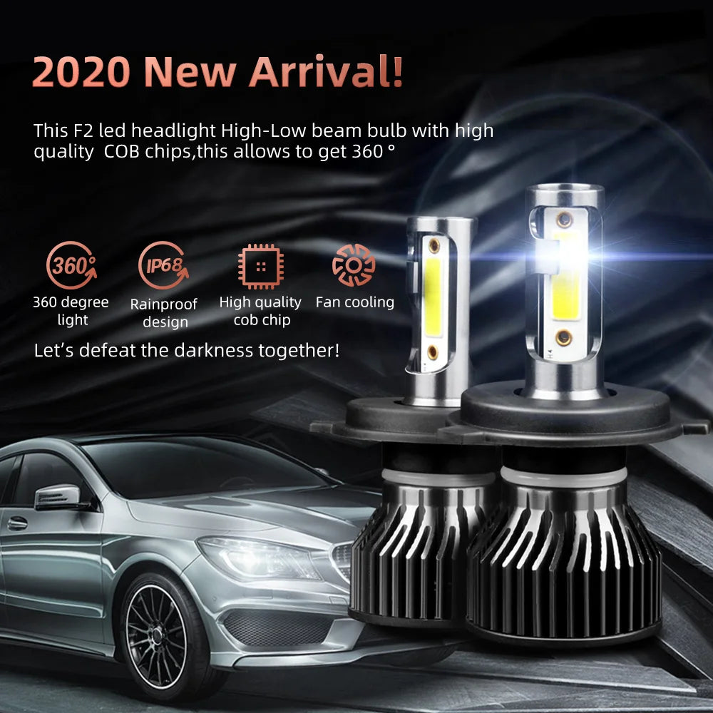 A pair of ultra-bright 6500K LED headlight bulbs with a fan, shown next to a car.