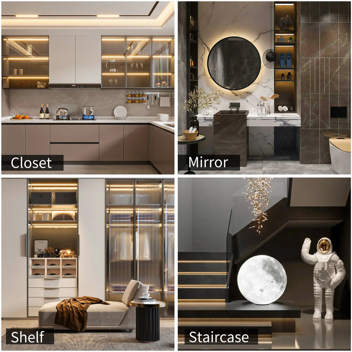 A collection of interior lighting products including a closet, mirror, shelf, and staircase.
