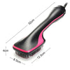 A black and pink 2-in-1 hot air brush dryer and styler tool shown with dimensions.