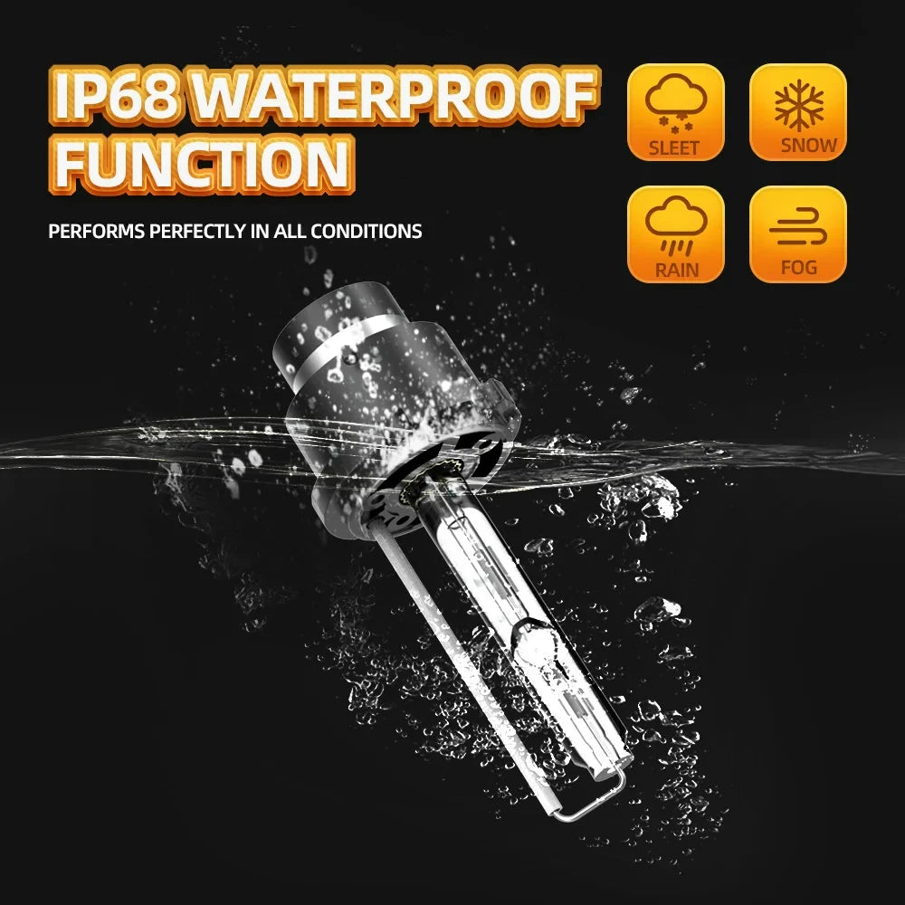 A bright LED spotlight is shown submerged in water, demonstrating its IP68 waterproof function.