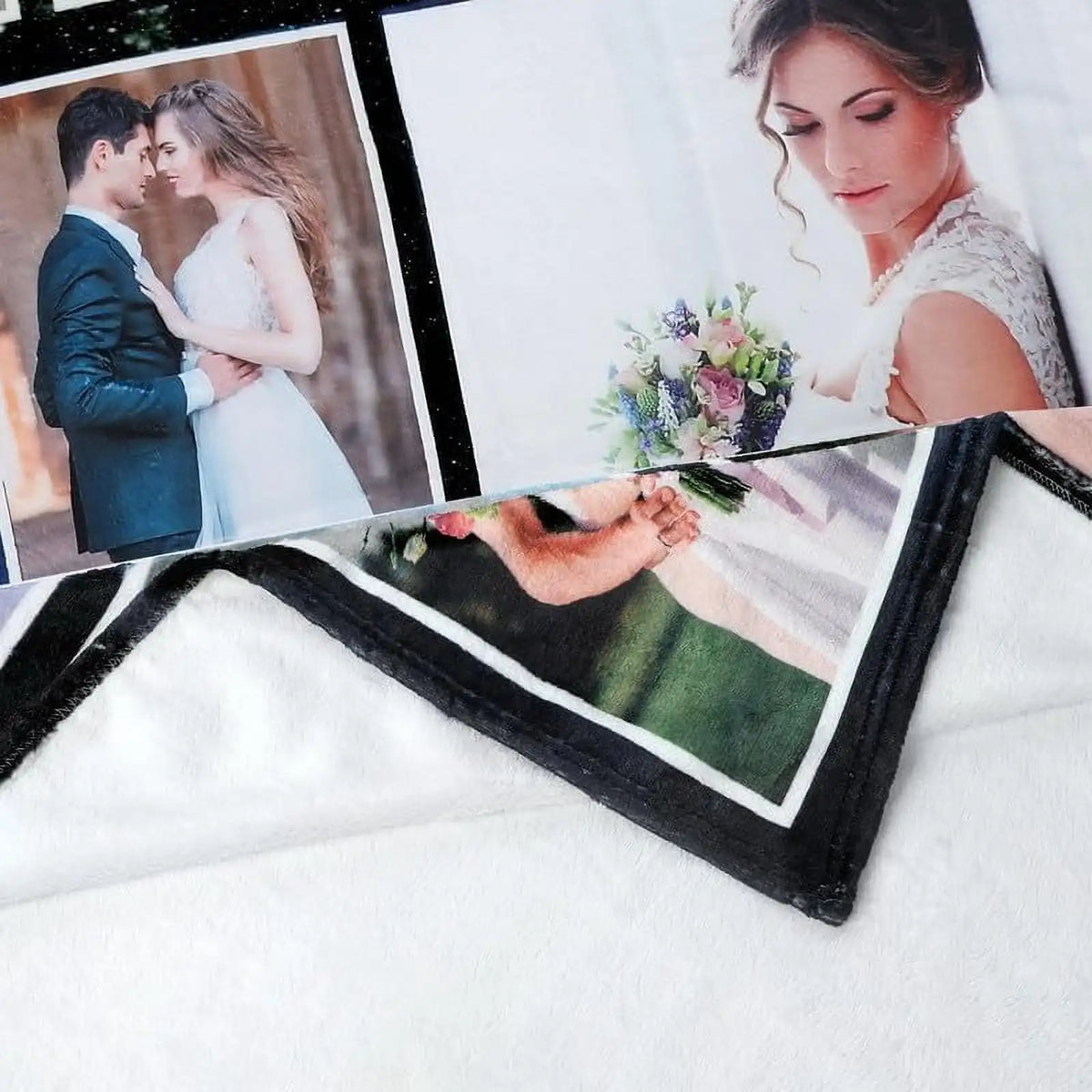A custom photo collage blanket featuring a framed picture of a couple and an artistic print.