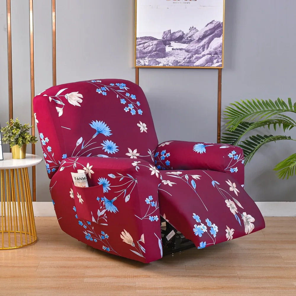 Printed Recliner Cover with Side Pocket — 4-Piece Set