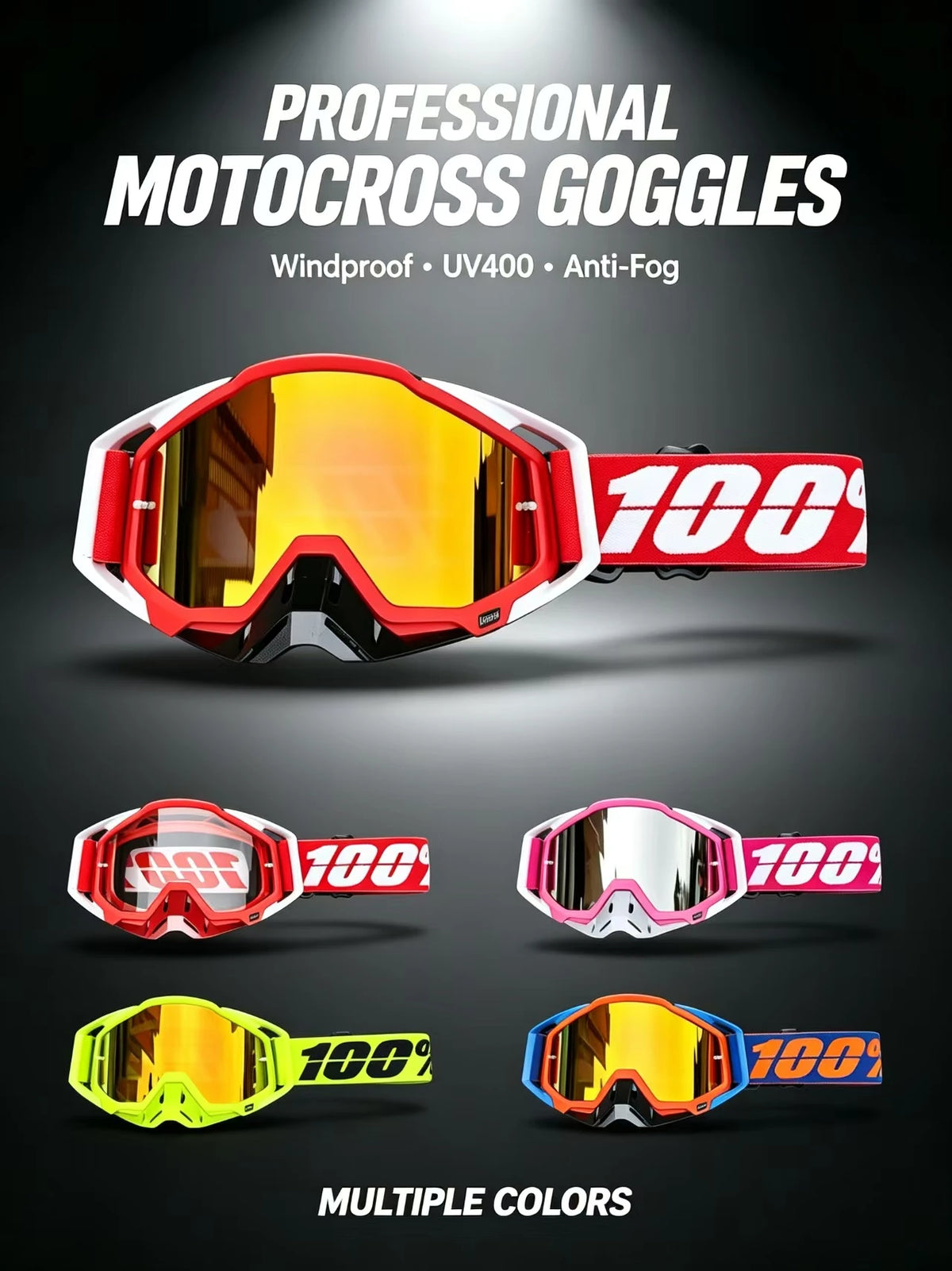 A display of professional motocross goggles in various colors, including red, pink, and yellow, highlighting windproof and an