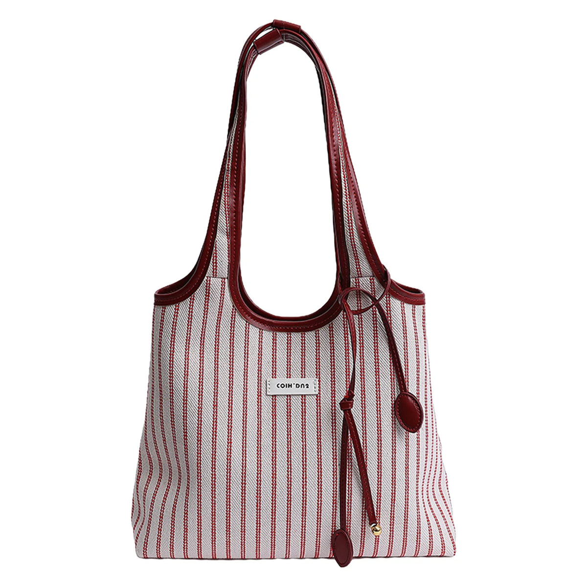 Bolso de lona a rayas con correa cruz de cuero en blanco y borgoña.