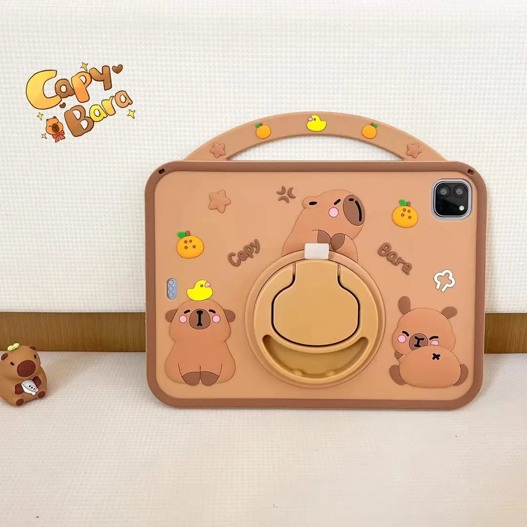 A beige silicone case featuring cute cartoon capybara characters and a round design.