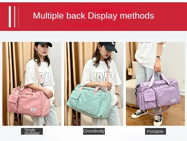 Three methods of displaying a large capacity travel duffel bag: single shoulder, crossbody, and portable.