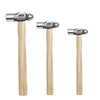 A set of three ball peen hammers featuring walnut wood handles and high-carbon steel heads.