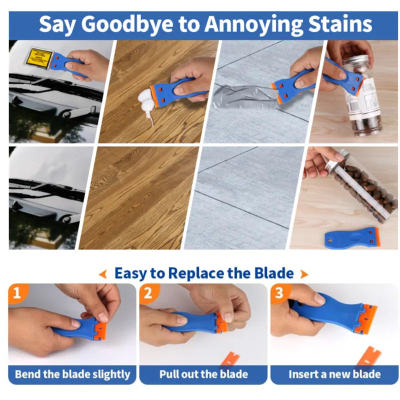 Demonstration of a plastic razor scraper with replacement blades showing how to bend, pull out, and insert a new blade.