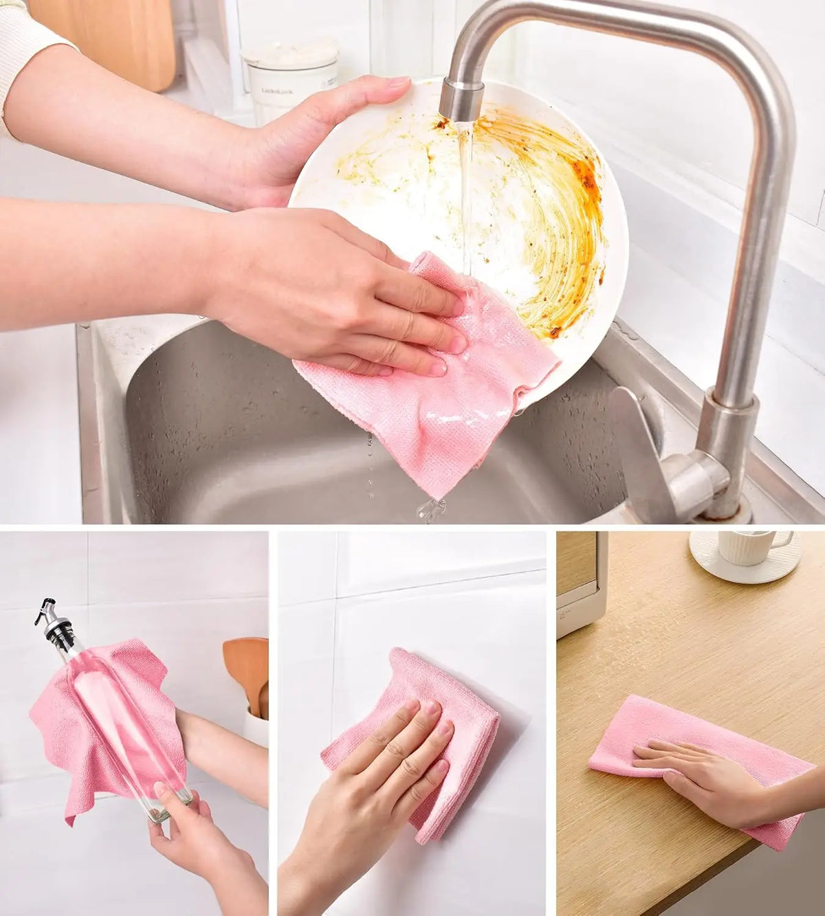 Hands are using reusable pink microfiber cleaning cloths to wash dishes in a kitchen sink.