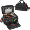 A black heavy duty tool bag with a non-slip base and multipurpose organization featuring various tools and accessories.