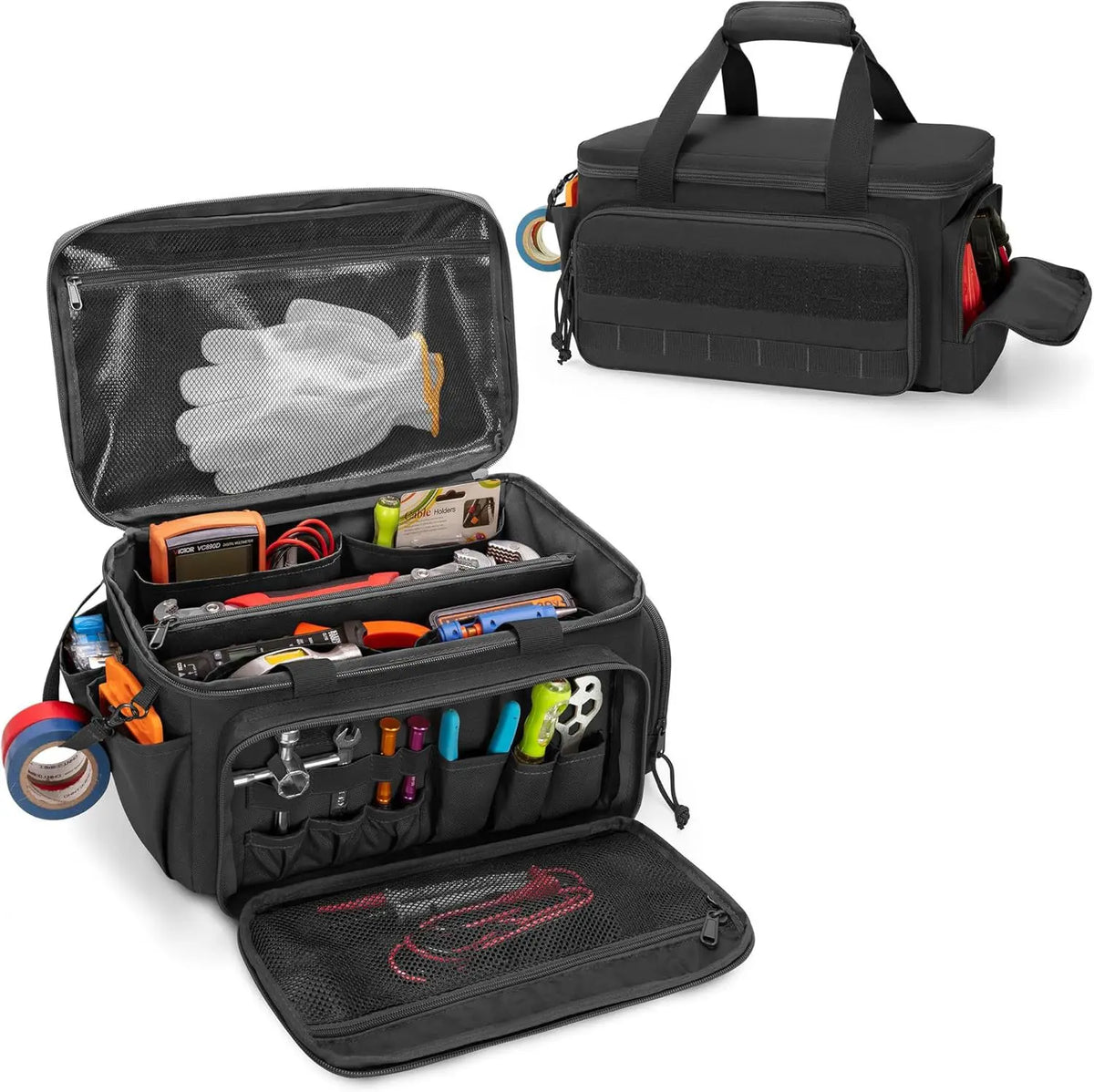 A black heavy duty tool bag with a non-slip base and multipurpose organization featuring various tools and accessories.