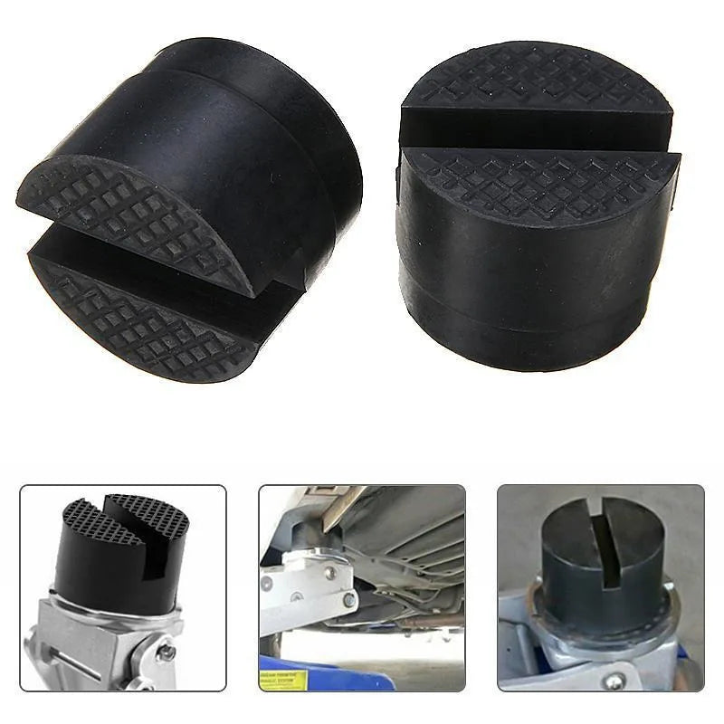 Black rubber pad for a universal car jack with a slotted frame rail adapter.