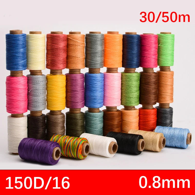 A collection of waxed polyester thread spools in various colors and thicknesses, labeled 150D/16 and 0.8mm.