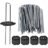 A collection of galvanized U-shaped garden staples and a single metal stake are shown.