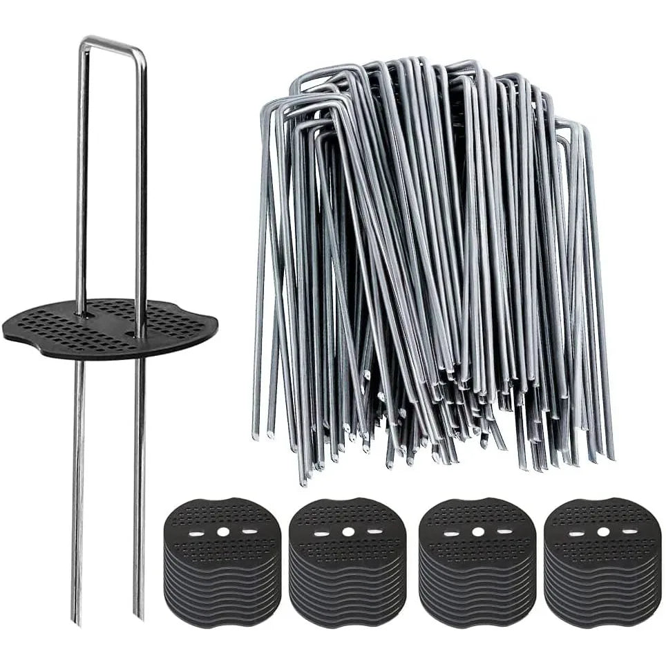 A collection of galvanized U-shaped garden staples and a single metal stake are shown.