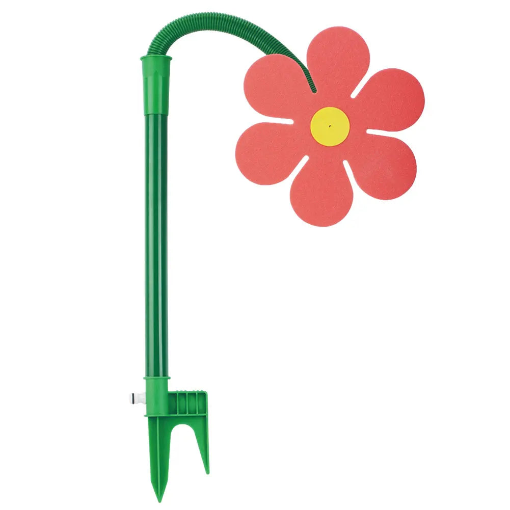 Arroseur de pelouse floral vert rotatif avec une tête de fleur rouge et jaune.