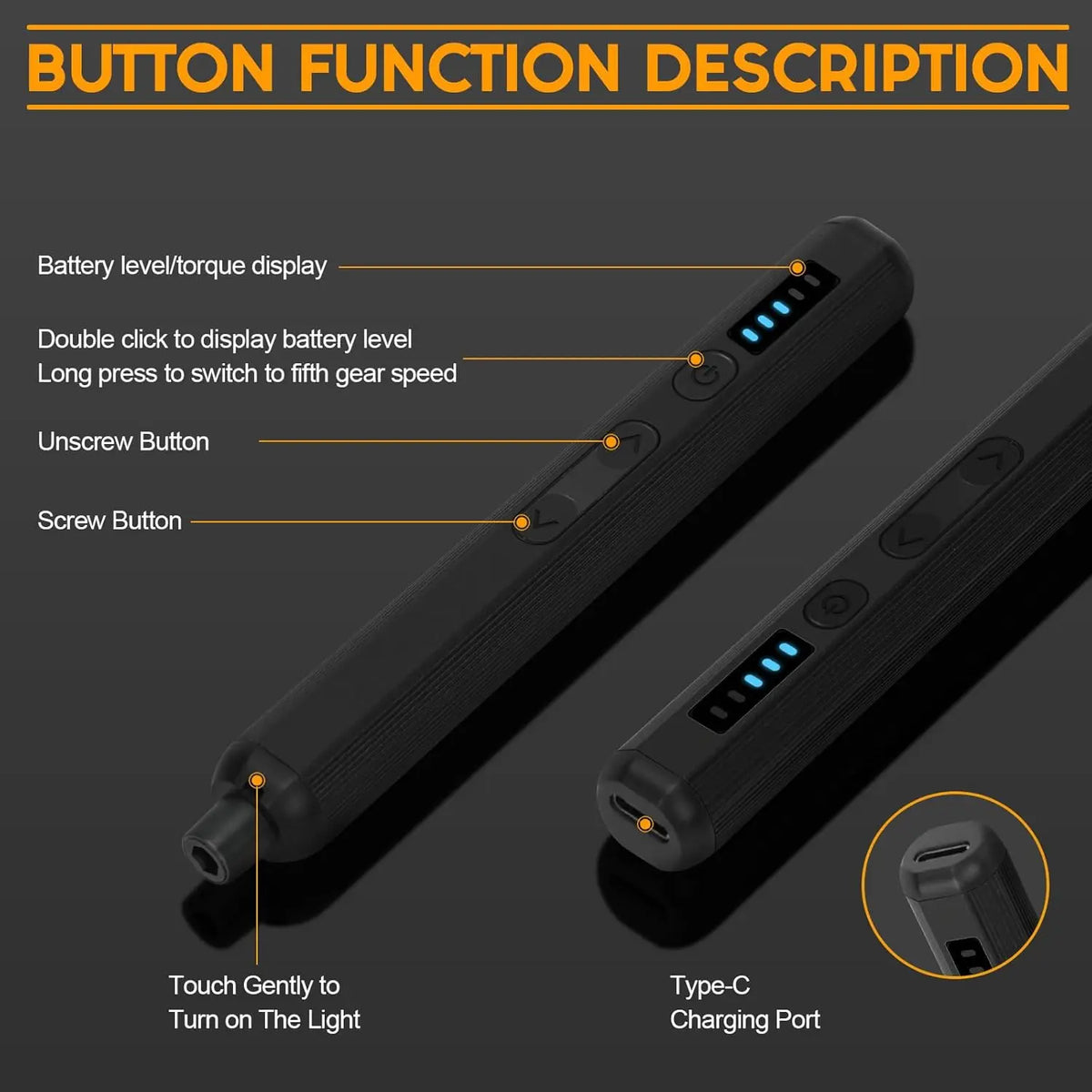 A close-up view of a black mini cordless screwdriver kit showing various buttons and the Type-C charging port.