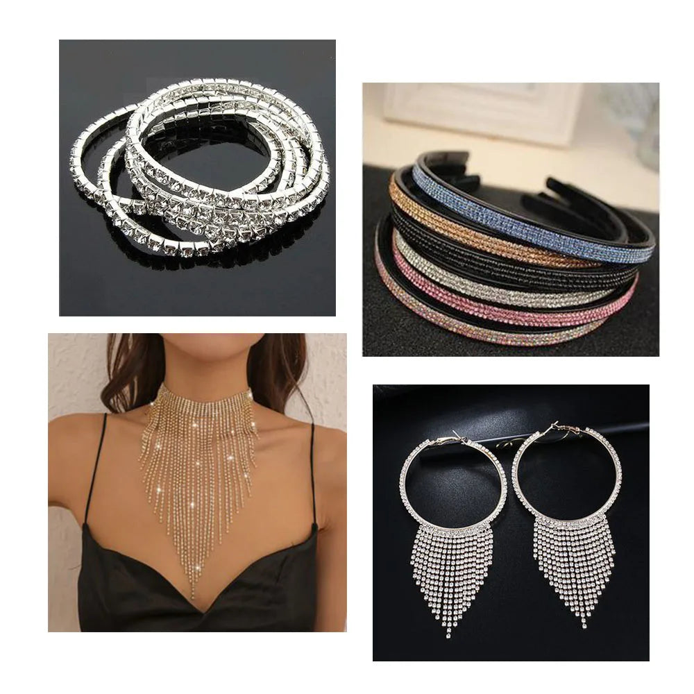 A collection of multi-colored glass rhinestone chains and necklaces for DIY clothing decoration.
