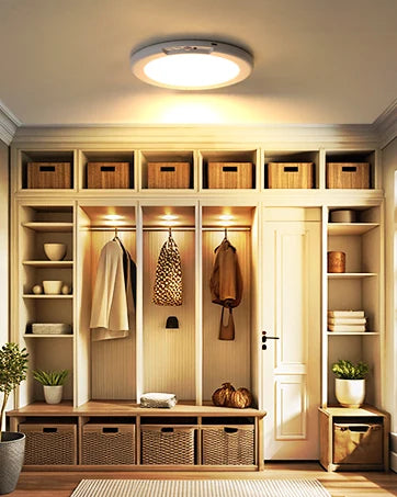 A modern wooden cabinet display featuring an LED motion sensor ceiling light.