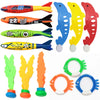 A set of colorful pool dive and grab toys for kids including fish shapes and rings.
