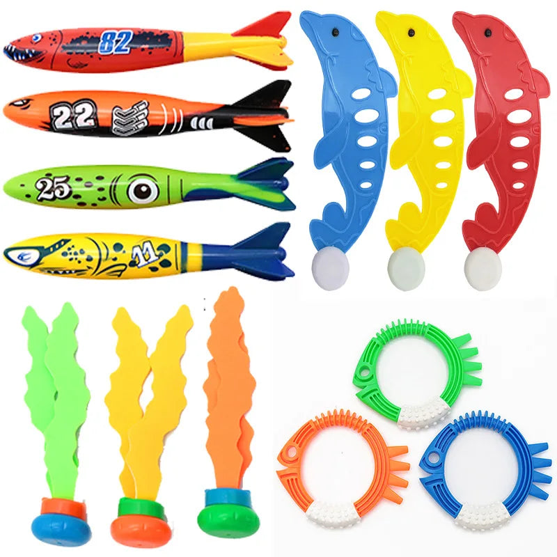 A set of colorful pool dive and grab toys for kids including fish shapes and rings.