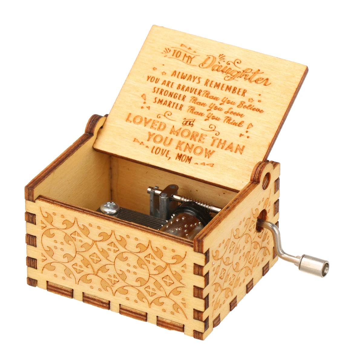 A vintage hand-cranked wooden music box with a lid open, featuring engraved text and a brass crank.