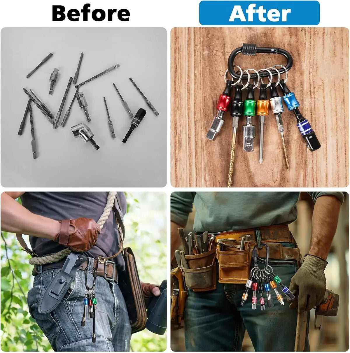 Before and after comparison of a magnetic hex bit holder keychain tool.