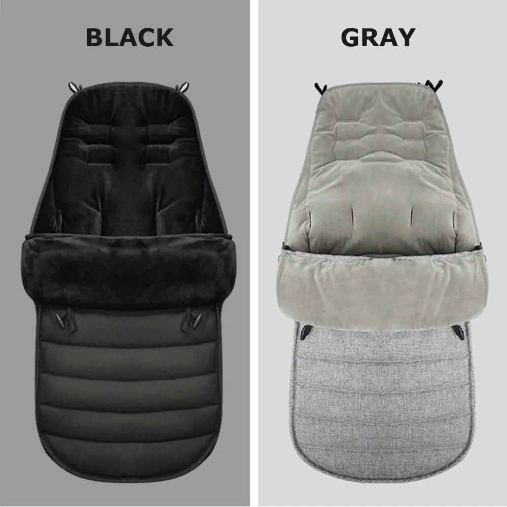 Cozy waterproof stroller sleeping bag shown in black and gray colors.