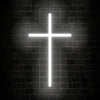 A bright white neon cross illuminated on a dark brick wall.