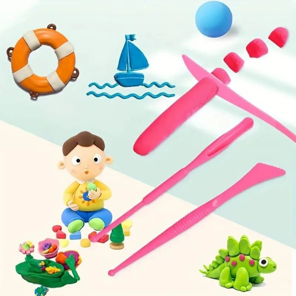 A set of air dry clay tools including a life preserver, sailboat, and various sculpting tools like spatulas and rolling pins.