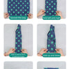 Instructions showing how to fold a dark blue patterned shopping bag into various shapes for storage