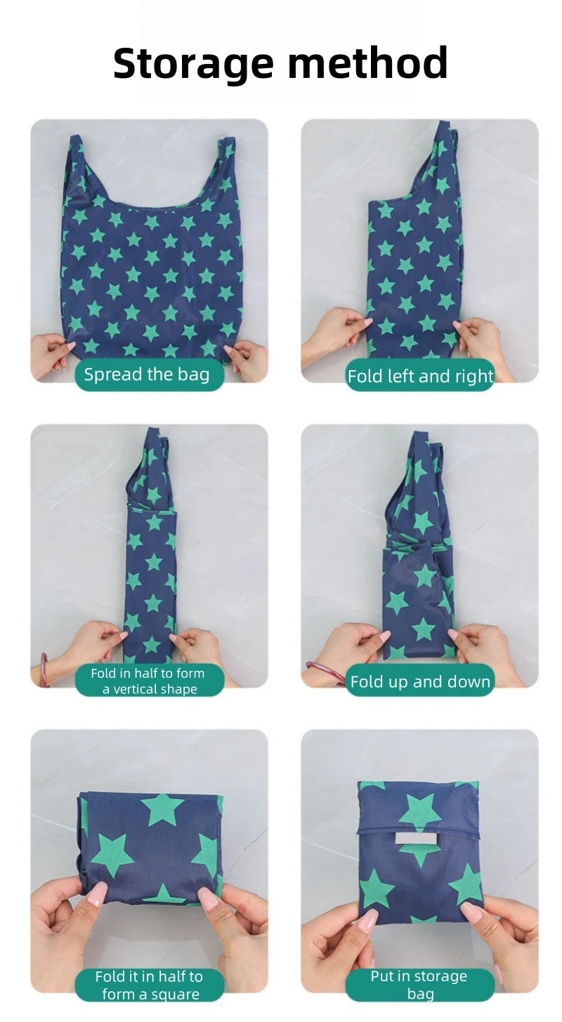 Instructions showing how to fold a dark blue patterned shopping bag into various shapes for storage
